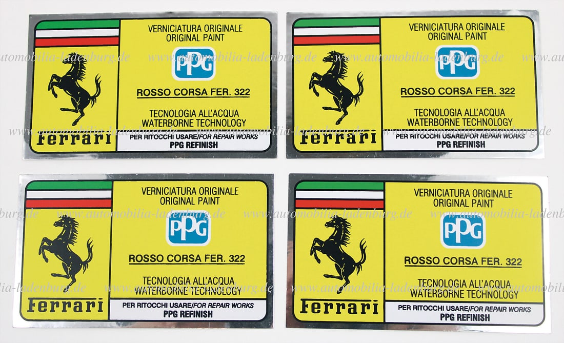 FERRARI Lot of 4 PPG vehicle stickers for paint color Rosso Corsa Fer. 322 German Description: FERRARI Lot of 4 PPG vehicle stickers for paint color Rosso Corsa Fer. 322 German Description FERRARI Konvolut 4 PPG Fahrzeugaufkleber für Lackfarbe Rosso Corsa Fer. 322