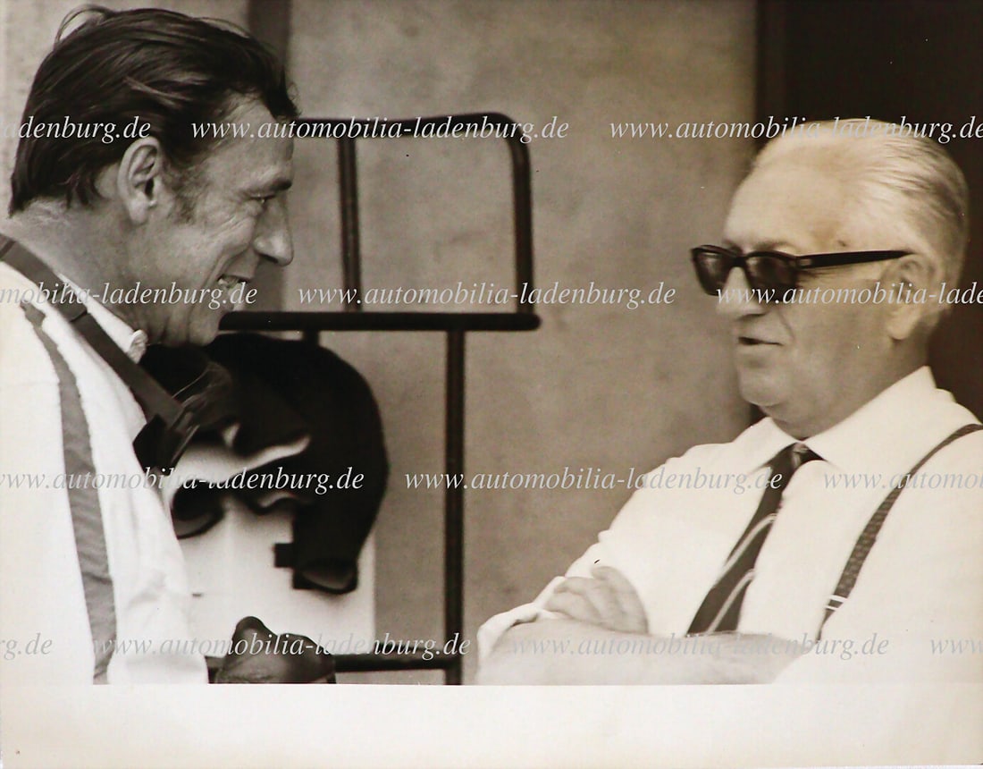 FERRARI original b/w photo, Enzo Ferrari in conversation with Yves Montand, the photo was taken: FERRARI original b/w photo, Enzo Ferrari in conversation with Yves Montand, the photo was taken during the shooting of the movie Grand Prix 1966, 18x24cm, very rare photo German Description FERRARI or