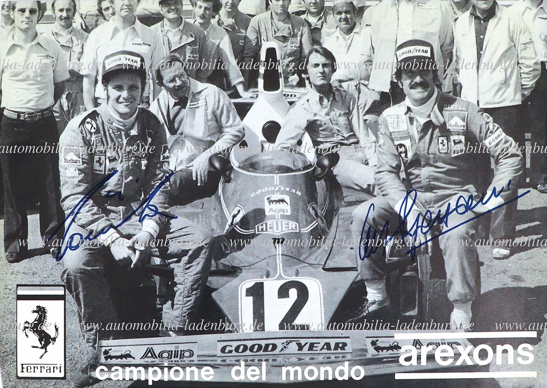 FERRARI signed photo card "campione del mondo", signed by Niki Lauda and Clay Regazzoni, 21x30cm: FERRARI signed photo card "campione del mondo", signed by Niki Lauda and Clay Regazzoni, 21x30cm German Description FERRARI handsignierte Fotokarte "campione del mondo", signiert von Niki Lauda und Cl