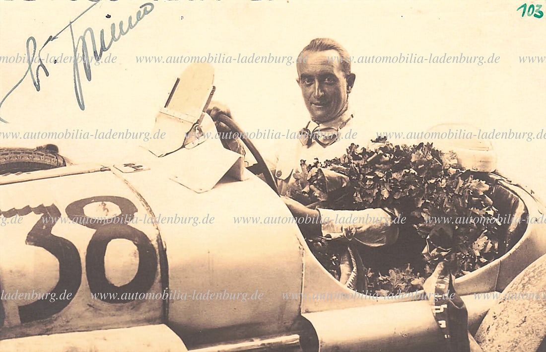BMW hand-signed original b/w photo postcard Heinrich Wilhelm "Willi" Briem on BMW 328, 9x14cm (1 of 2)