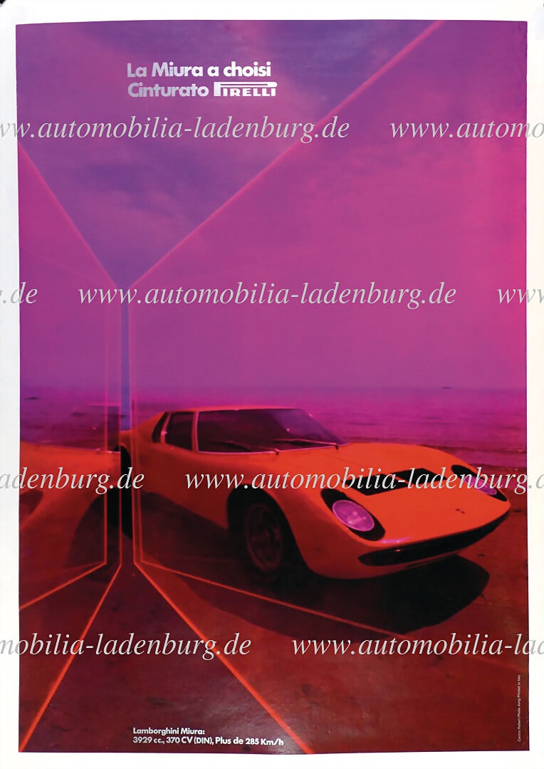 LAMBORGHINI / PIRELLI original advertising poster "Lamborghini Miura", part of the art series: LAMBORGHINI / PIRELLI original advertising poster "Lamborghini Miura", part of the art series Italian sports cars by "Pirelli Cinturato", beautiful design, 75x70cm, professionally mounted on linen Ger