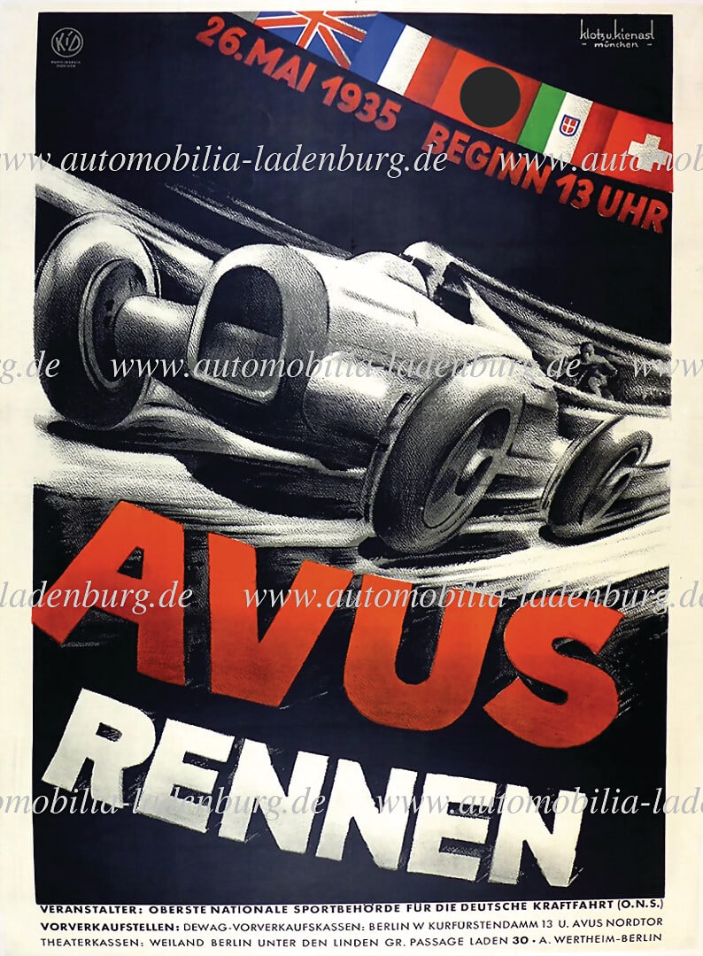 Event poster for the 1935 Avus race, designed by Klotz & Kienest. The motif impresses with its clear (1 of 1)