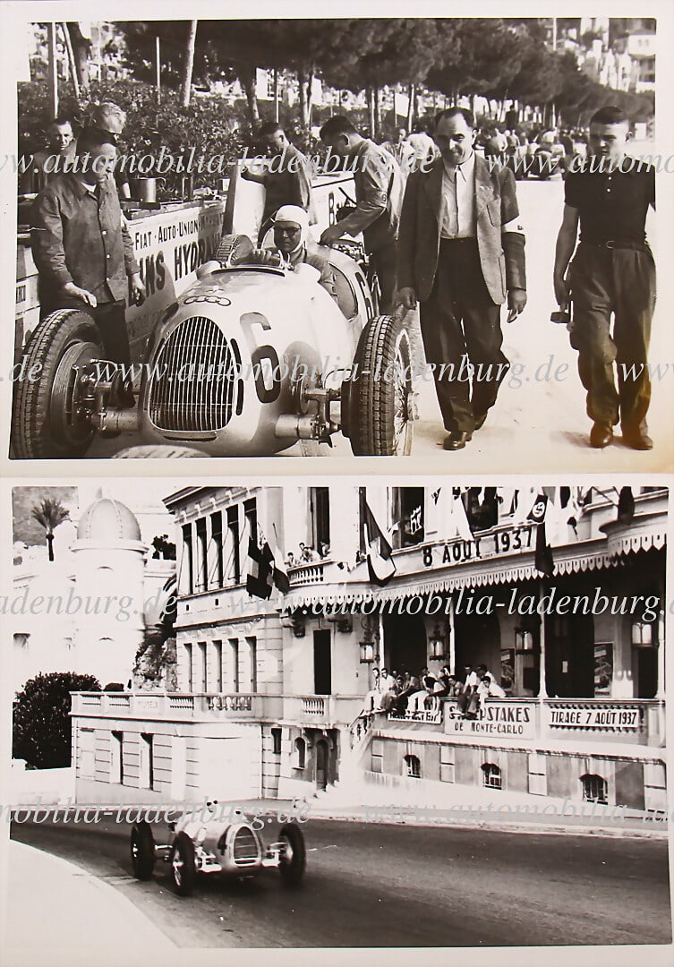 AUTO UNION Mixed lot of 2 original b/w photographs GP Monaco 1937, including Rudolf Hasse on Auto: AUTO UNION Mixed lot of 2 original b/w photographs GP Monaco 1937, including Rudolf Hasse on Auto Union Type C, and Hans Stuck on Auto Union Type C, 13x18cm German Description AUTO UNION Konvolut 2 or