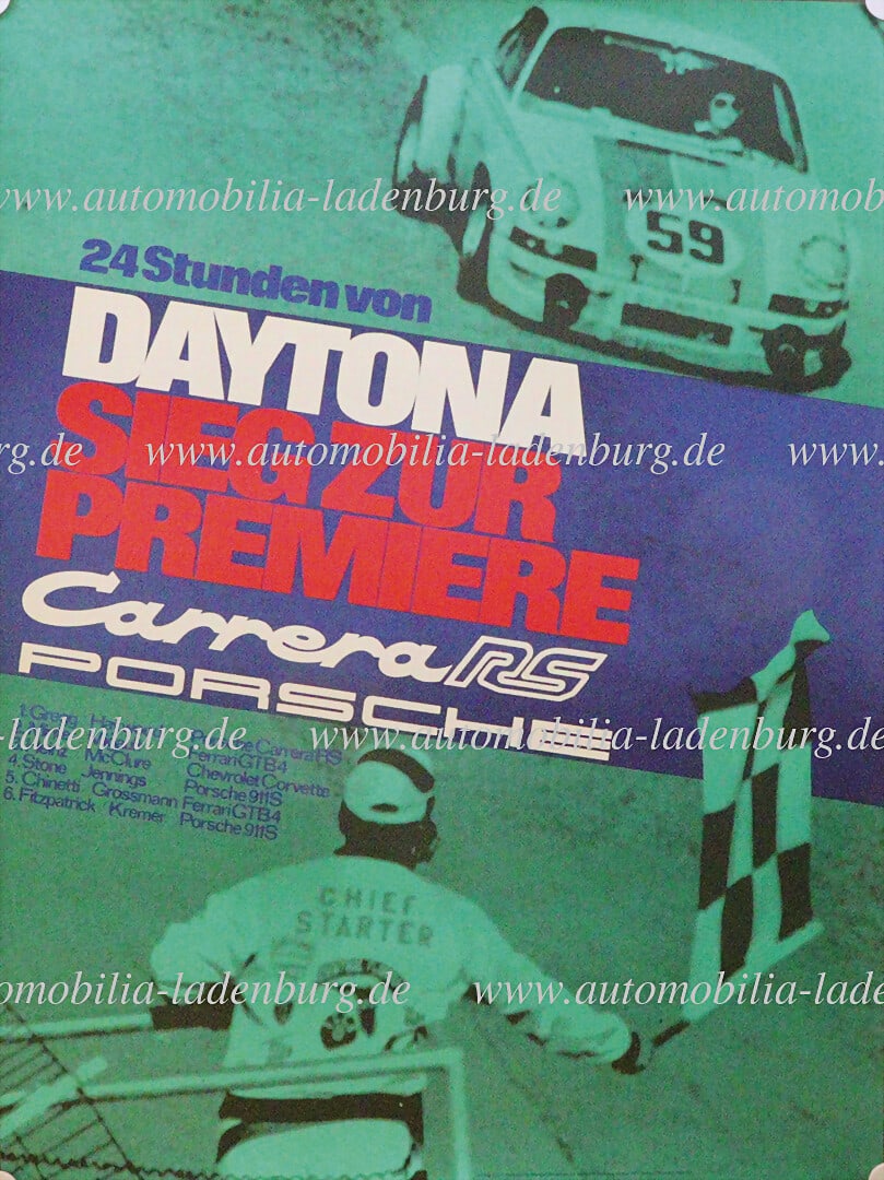 PORSCHE 1973, original race poster ,,24 hours of Daytona, victory at the premiere", design Stronger,: PORSCHE 1973, original race poster ,,24 hours of Daytona, victory at the premiere", design Stronger, 101x76cm, 4 cm tear lower right with tape back- good condition. German Description PORSCHE 1973, or
