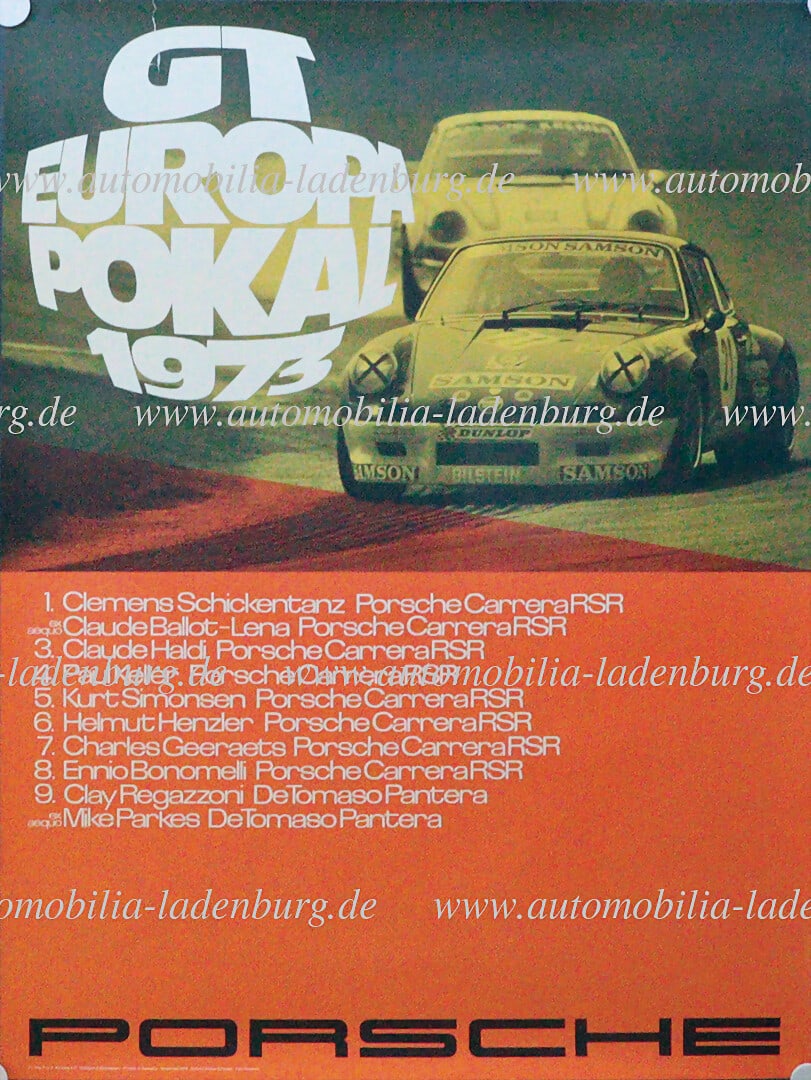 PORSCHE 1973, original racing poster "GT Europa Pokal", design Strenger, 101x76cm; 7cm tear top: PORSCHE 1973, original racing poster "GT Europa Pokal", design Strenger, 101x76cm; 7cm tear top left, otherwise good condition German Description PORSCHE 1973, original Rennplakat â€žG