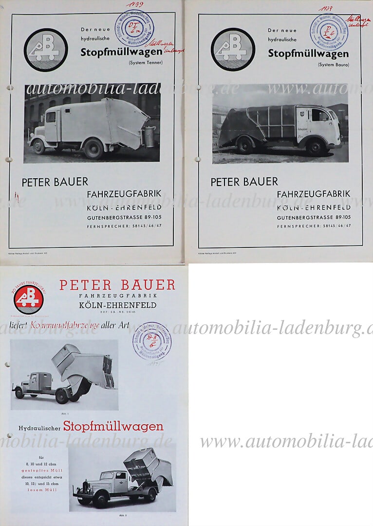 PETER BAUER FAHRZEUGFABRIK COLOGNE - EHRENFELD 1939-1945, mixed lot of 3 sales brochures, tamping (1 of 1)