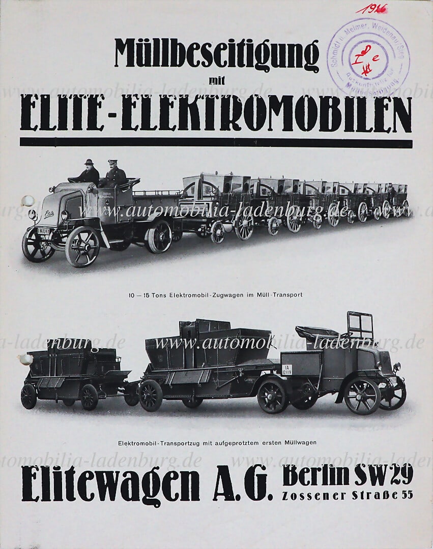 ELITEWAGEN AG BERLIN 1926, leaflet "Waste disposal with Elite electric vehicles, 4 pages, (1 of 1)