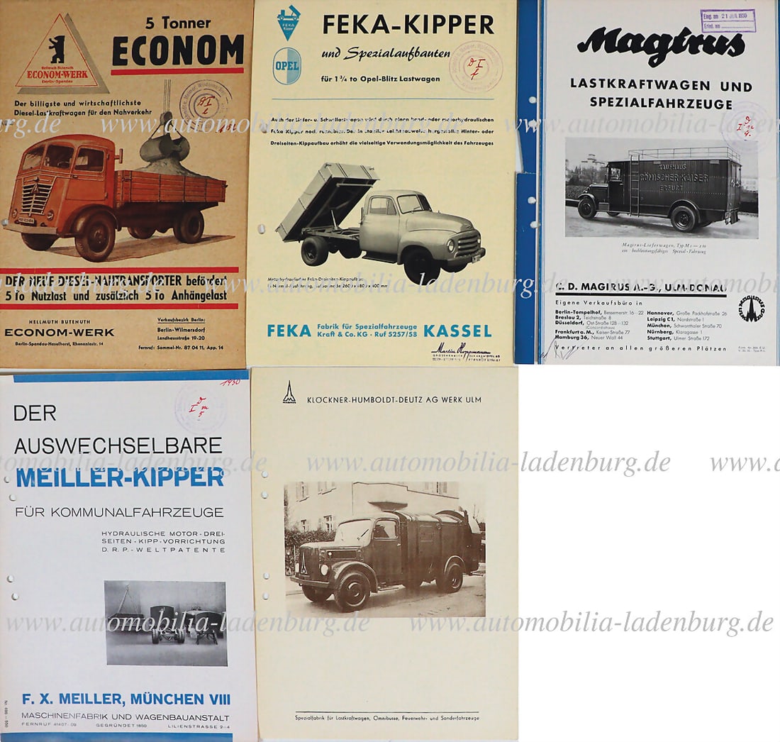 20s-50s, mixed lot of 5 pieces, sales brochures for municipal vehicles, including Meiller tipper,: 20s-50s, mixed lot of 5 pieces, sales brochures for municipal vehicles, including Meiller tipper, KlÃ¶ckner Humboldt Deutz, Magirus and Econom...perforated, some smaller tears German Descrip