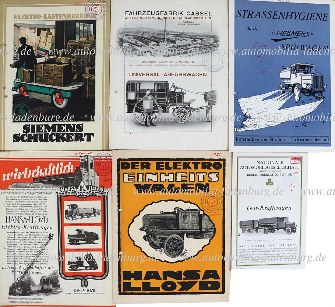 1920s, mixed lot of 6 sales brochures, including Siemens Schuckert electric trucks, Hellmers: 1920s, mixed lot of 6 sales brochures, including Siemens Schuckert electric trucks, Hellmers flushing car, electric standardized car Hansa Lloyd, Nationale Automobil Gesellschaft...perforated, good co