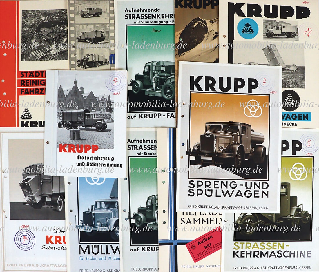 KRUPP 1930s, mixed lot of 12 sales brochures, including flatbed collection truck, motorized garbage (1 of 1)