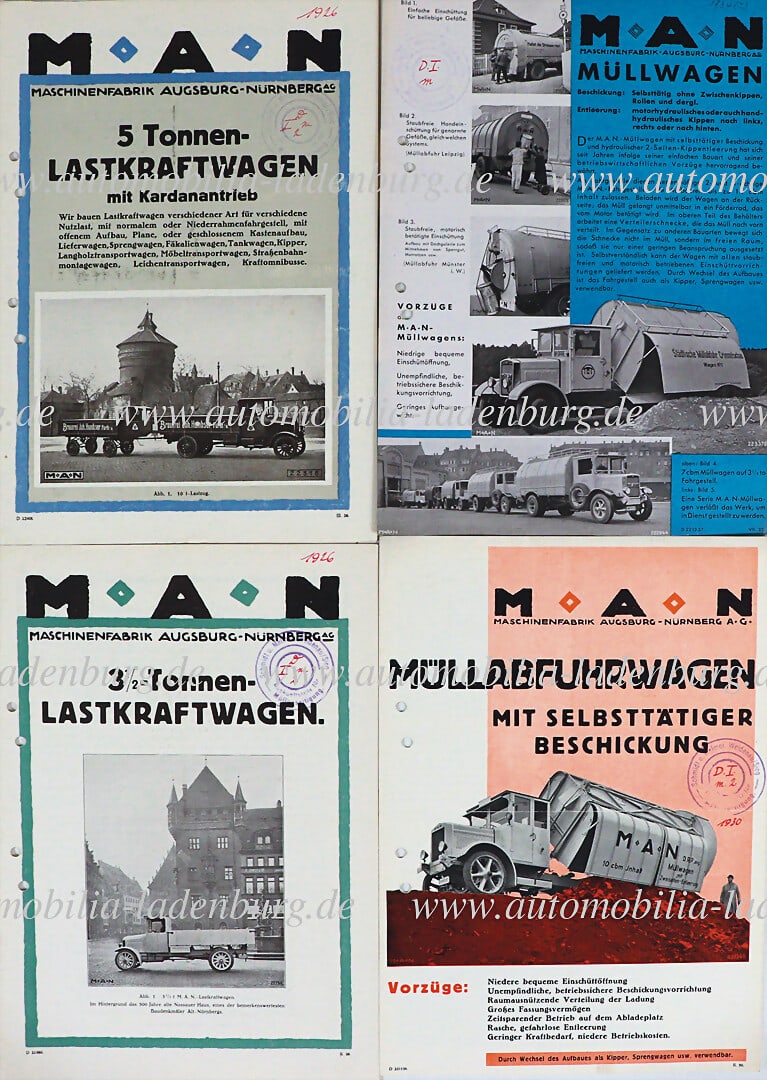 MAN 20s/30s, mixed lot of 4 sales brochures, among them 3,5T trucks, 5T trucks, garbage trucks...,: MAN 20s/30s, mixed lot of 4 sales brochures, among them 3,5T trucks, 5T trucks, garbage trucks..., perforated, good condition German Description MAN 20er/30er Jahre, Konvolut 4 Verkaufsprospekte, daru