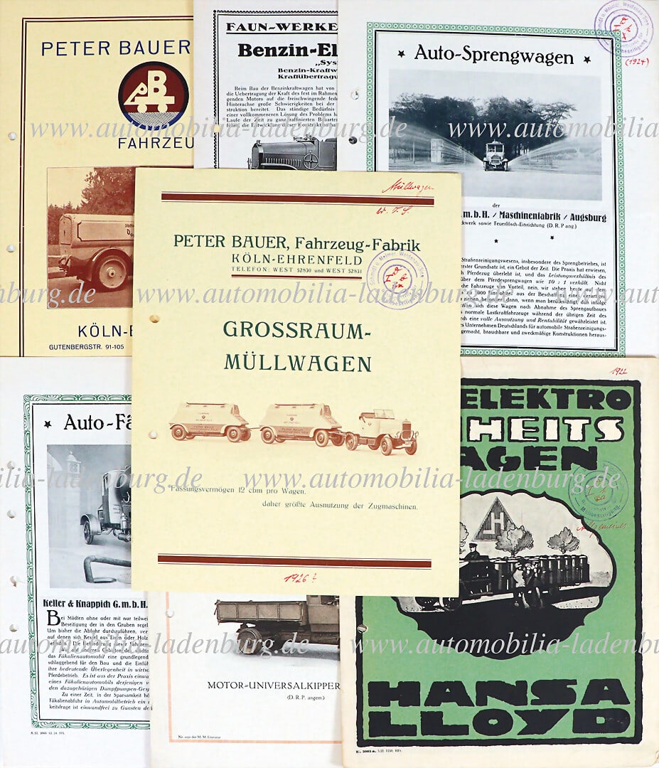 1920s, mixed lot of 7 sales brochures, including Hansa Lloyd Elektro Einheitswagen, Peter Bauer: 1920s, mixed lot of 7 sales brochures, including Hansa Lloyd Elektro Einheitswagen, Peter Bauer KÃ¶ln Ehrenfeld Grossraum MÃ¼llwagen, Mannesmann Mulag Motor Universalkipper Type "M