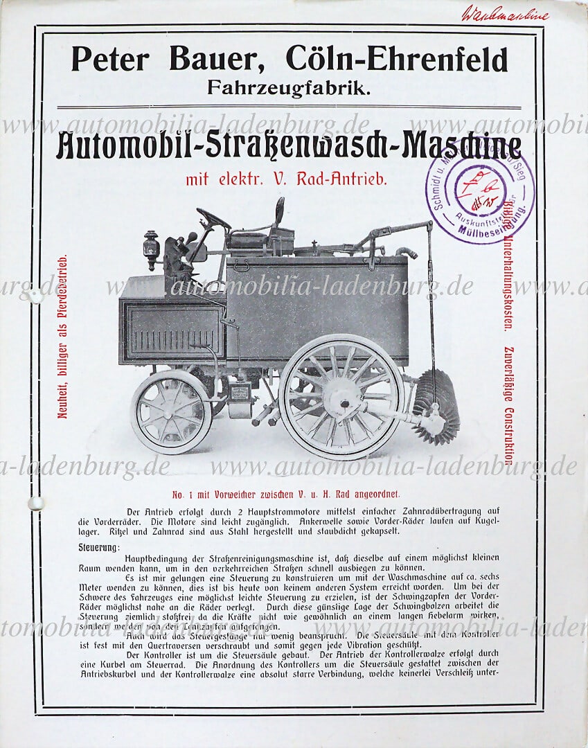 PETER BAUER COLOGNE - EHRENFELD around 1908, sales brochure automobile road washing machine with (1 of 1)