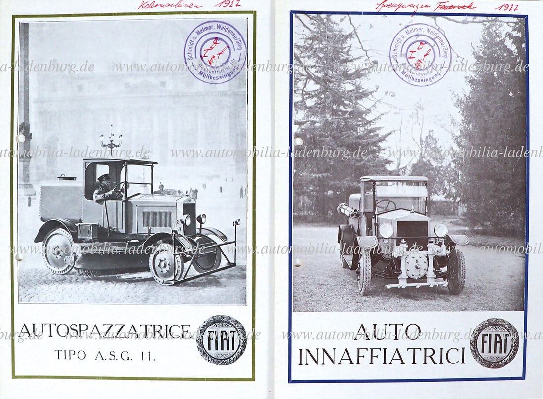 FIAT 1927, mixed lot of two sales brochures Fiat blasting truck and sweeper, perforated, ital. text, (1 of 1)