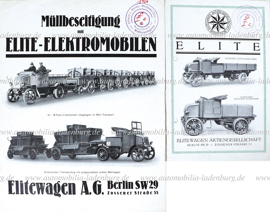 ELITEWAGEN AG BERLIN 1920s, mixed lot of two sales brochures, Elite Elektromobiles, perforated, good (1 of 1)
