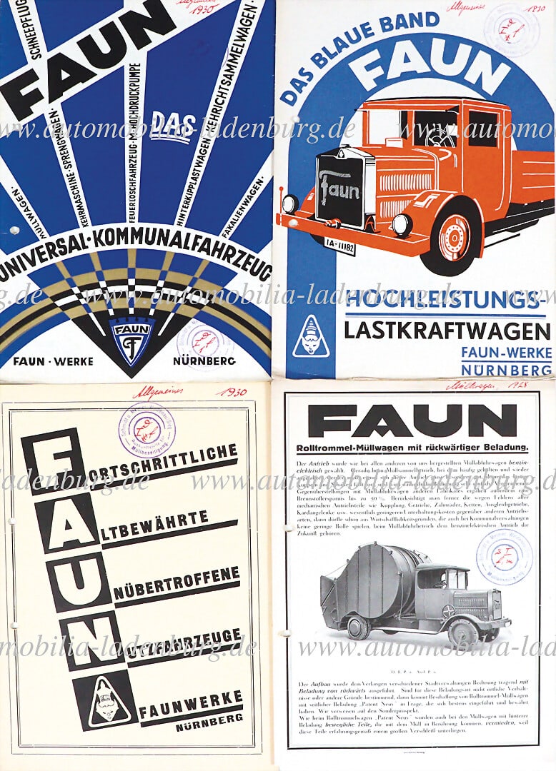 FAUN 1928-1930, mixed lot of 4 sales brochures, among them Faun municipal and special vehicles, roll (1 of 1)