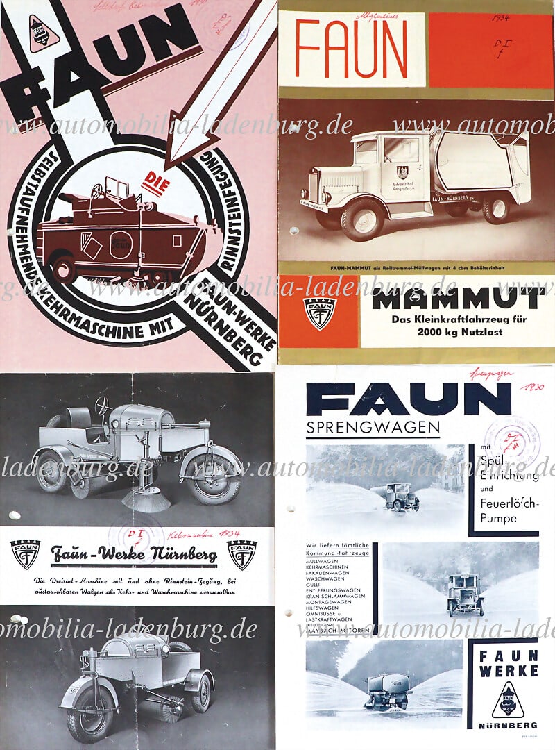 FAUN 30s, mixed lot of 4 sales brochures, Faun sweeper, Faun Mammut, demolition truck...partly small: FAUN 30s, mixed lot of 4 sales brochures, Faun sweeper, Faun Mammut, demolition truck...partly small tears, perforated, good condition German Description FAUN 30er Jahre, Konvolut 4 Verkaufsprospkte, 