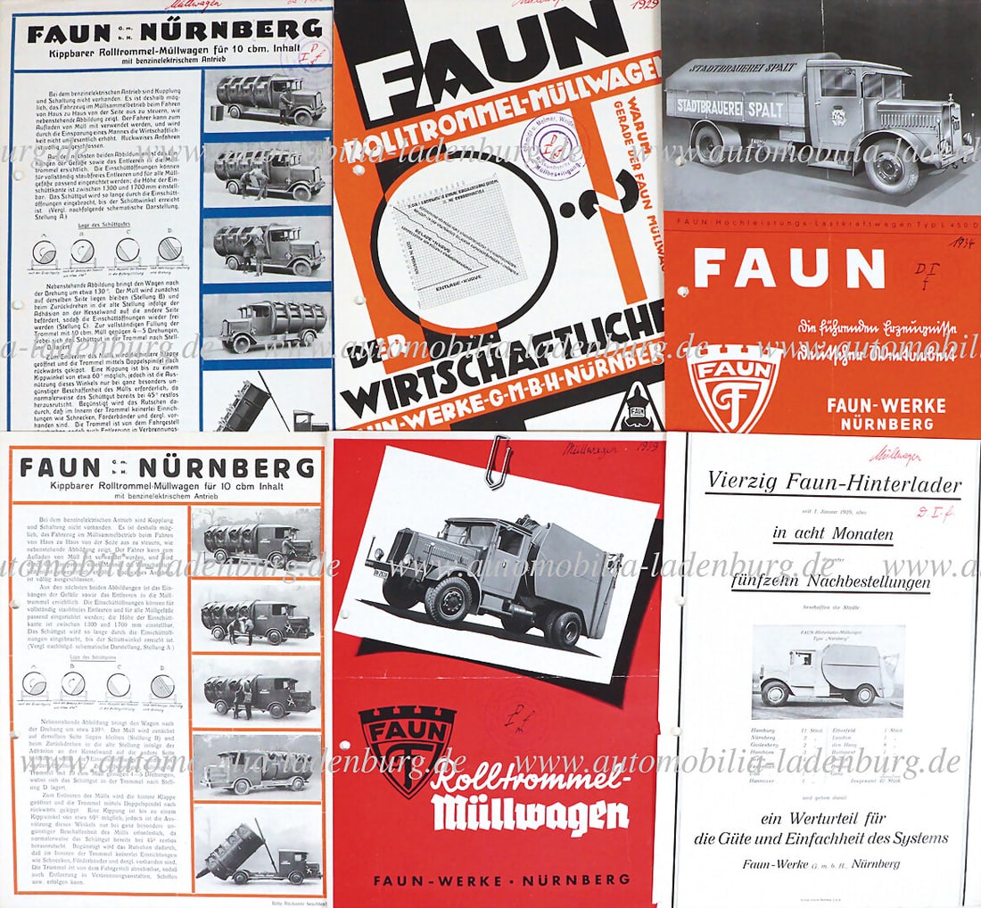 FAUN 20's/30's, mixed lot of 8 sales brochures, among them roller drum garbage truck, heavy duty: FAUN 20's/30's, mixed lot of 8 sales brochures, among them roller drum garbage truck, heavy duty truck type L 450D...partly with smaller tears, punched, good condition German Description FAUN 20er/30e