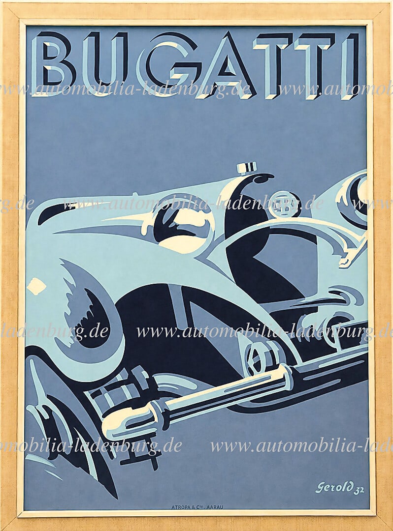 BUGATTI 1932, rare advertising poster (large format) "BUGATTI 57", design Gerold Hunziker: BUGATTI 1932, rare advertising poster (large format) "BUGATTI 57", design Gerold Hunziker (1894-1980), beautiful Art Deco poster, iconic graphic representation that impressively combines dynamism, ele