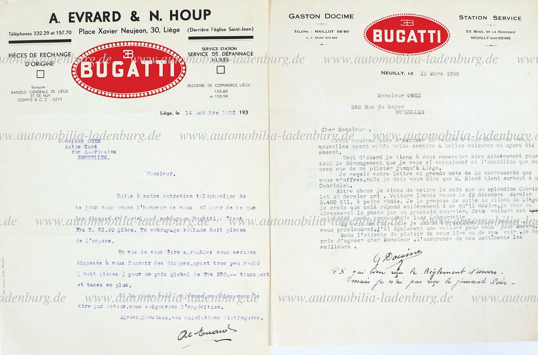 BUGATTI 1935/1938, mixed lot of two signed letters, among them a letter from Gaston Docime (1 of 1)