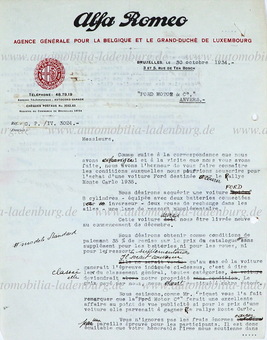 ALFA ROMEO October 30, 1934, two-page letter from the Alfa Romeo agency for Belgium and Luxembourg, (1 of 1)