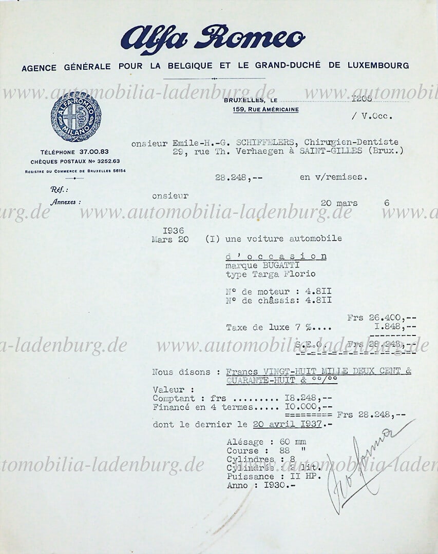 ALFA ROMEO / BUGATTI 1936, invoice from Alfa Romeo Belgium / Luxembourg for a Bugatti Type Targa (1 of 1)