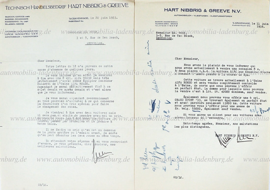 ALFA ROMEO 1933/1934, two signed letters from Albert Greeve, including a letter to Monsieur Ed. (1 of 1)