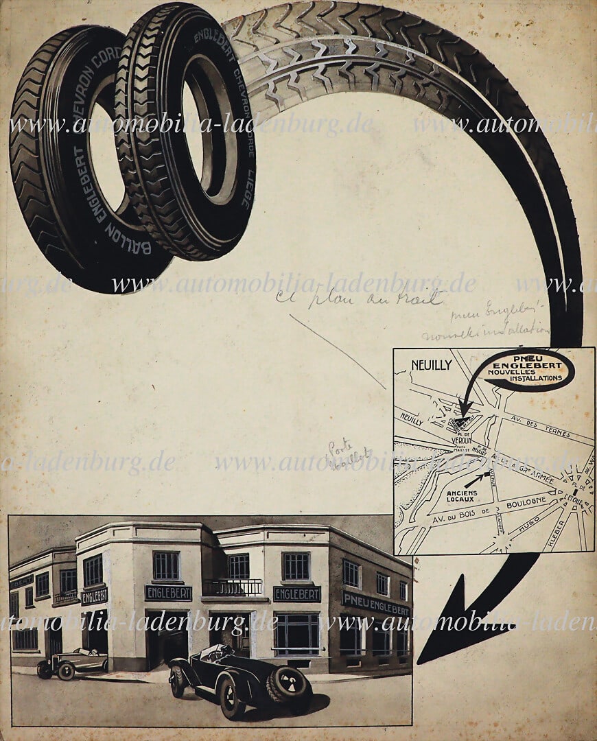 ENGLEBERT 1920s, original design for an advertising poster "Pneu Englebert", move to new factory (1 of 2)