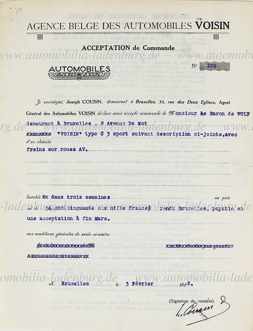 AUTOMOBILES VOISIN 1922, original order (sales contract) for a Voisin C3 Sport, signed by the (1 of 1)