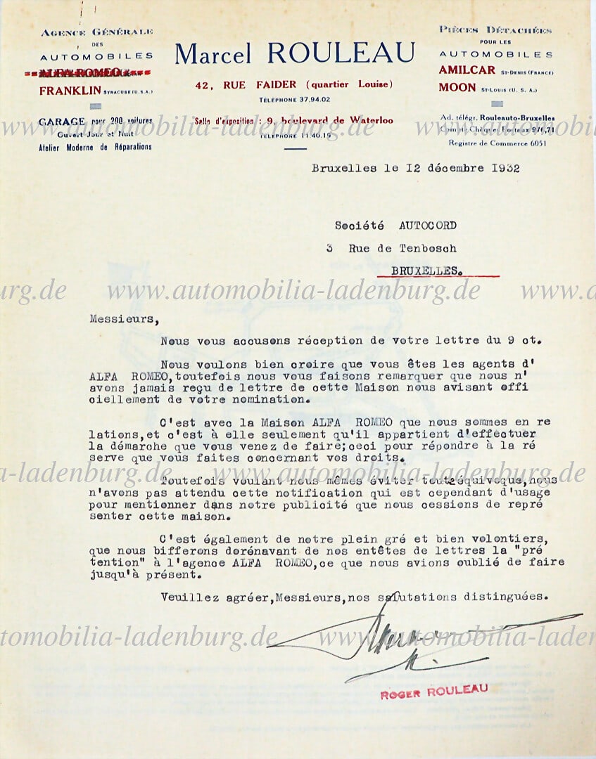 MARCEL ROULEAU Brussels December 12, 1932, signed letter from Roger Rouleau to SociÃ© (1 of 1)