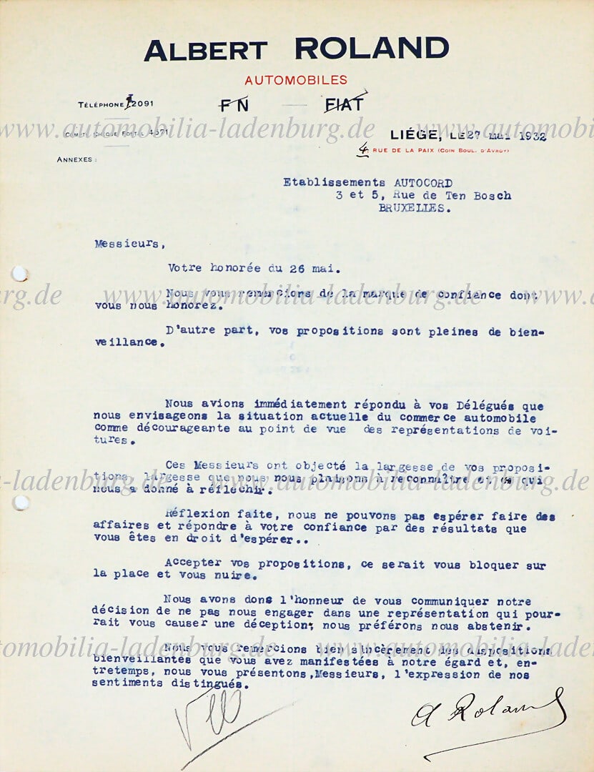 ALBERT ROLAND May 27, 1932, signed letter from Albert Roland to AUTOCORD, Roland declines an offer (1 of 1)