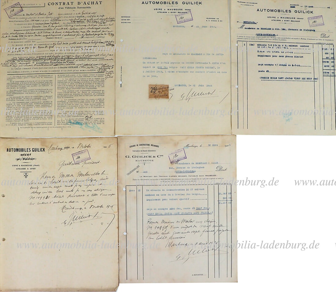 AUTOMOBILES GUILICK 1926, mixed lot of 5 pieces, including 4 hand-signed letters from Henri Walther: AUTOMOBILES GUILICK 1926, mixed lot of 5 pieces, including 4 hand-signed letters from Henri Walther Guilick, purchase contract, payment confirmation, vehicle invoice...all from 1926 German Description