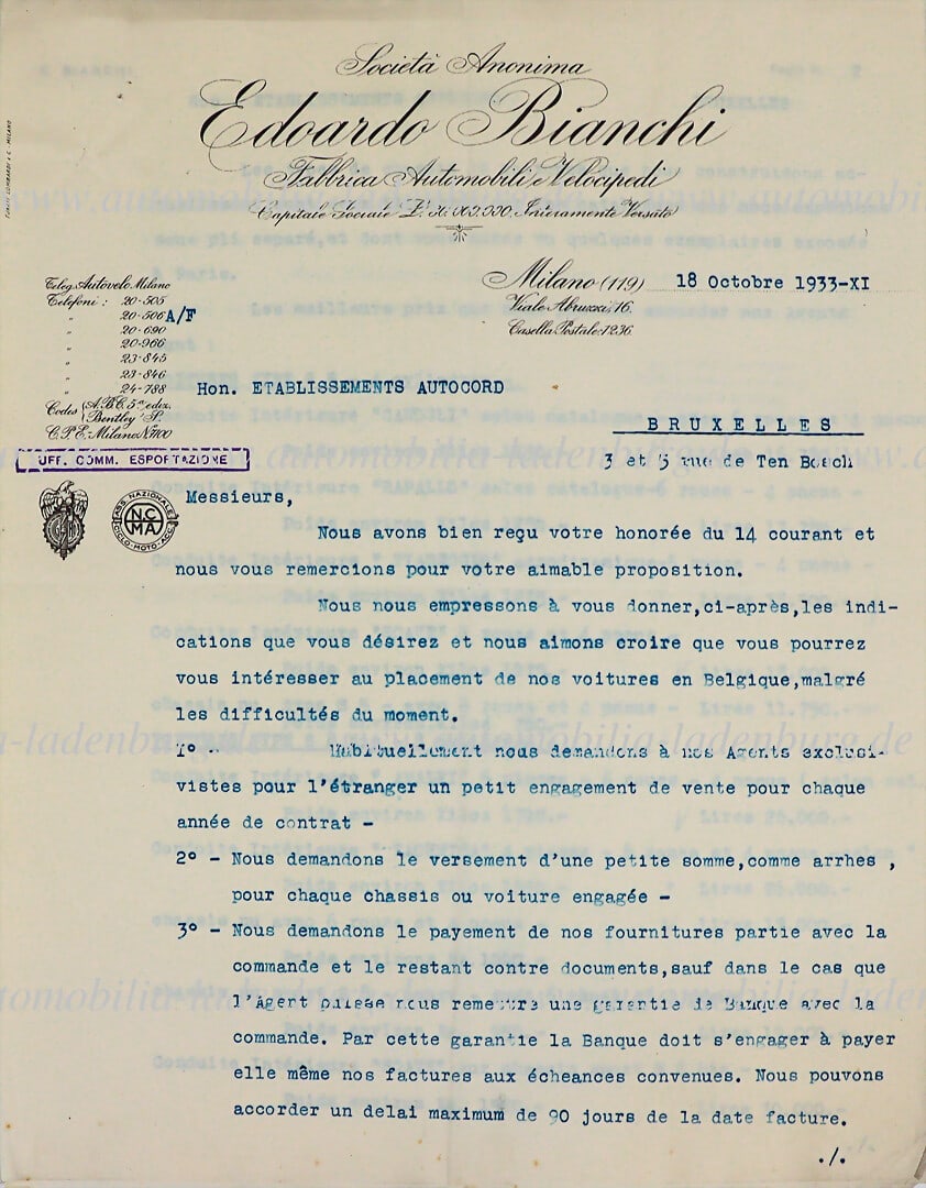 EDOARDO BIANCHI October 18, 1933, letter (3 pages) signed by Edoardo Bianchi to AUTOCORD, contract (1 of 2)