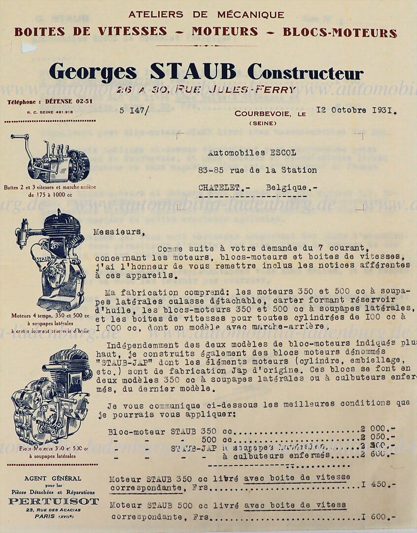 GEORGES STAUB October 12, 1931, signed offer letter from Georges Staub to Automobiles Escol, with (1 of 1)