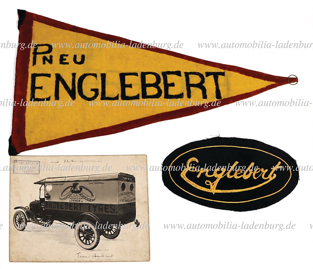 ENGLEBERT 20s, mixed lot of 3 pieces, including original b/w photo "Englebert Tyres", 16x21cm, a: ENGLEBERT 20s, mixed lot of 3 pieces, including original b/w photo "Englebert Tyres", 16x21cm, a patch 11x22cm and a pennant 24x46cm German Description ENGLEBERT 20er Jahre, Konvolut 3tlg., darunter o