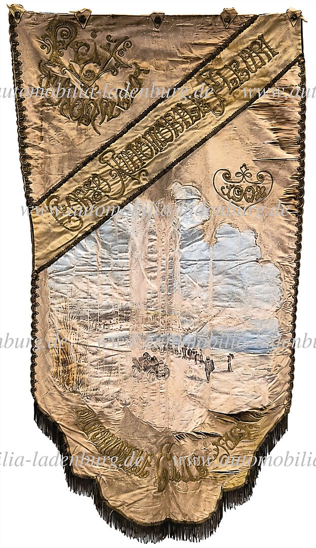 CORSO AUTOMOBILES FLEURI Nice 1901, original silk pennant (flag) hand-painted with depiction of a (1 of 1)
