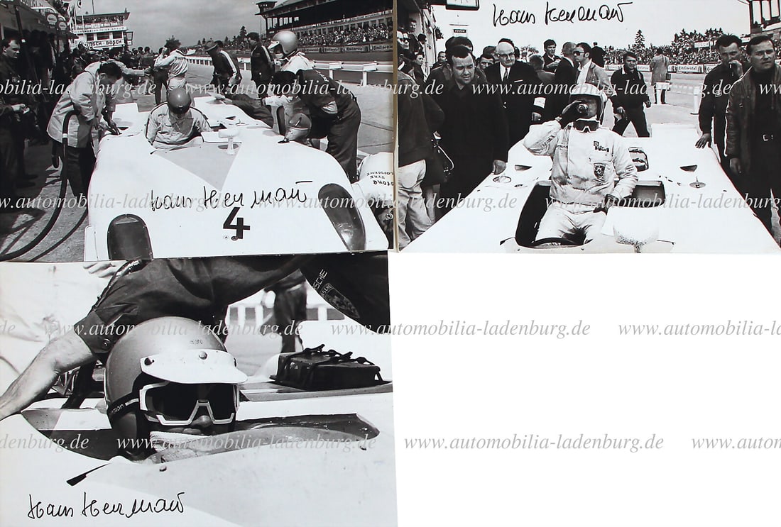 HANS HERRMANN 1000km NÃ¼rburgring 1969, set of 3 signed original b/w photographs Herrmann: HANS HERRMANN 1000km NÃ¼rburgring 1969, set of 3 signed original b/w photographs Herrmann / Stommelen on Porsche 908 Spyder (2nd place overall), 21x30cm German Description HANS HERRMANN 1000
