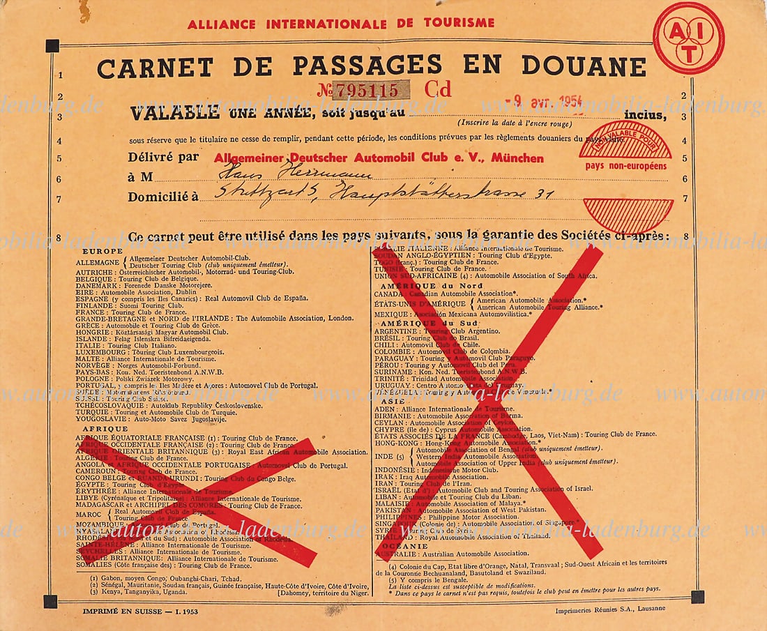 HANS HERRMANN April 10, 1953, original "Carnet de Passages en Douane", issued by the ADAC Munich for (1 of 1)