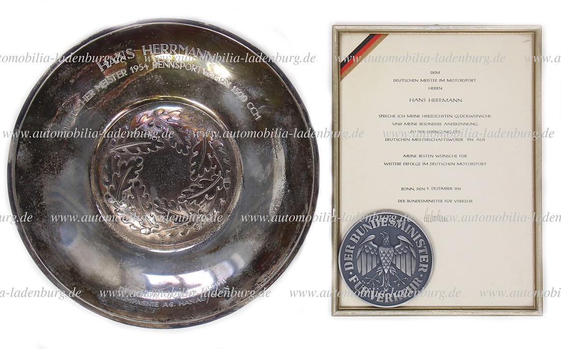 HANS HERRMANN 1954, mixed lot of 2 pieces, including silver plate (silver 800), "Hans Herrmann: HANS HERRMANN 1954, mixed lot of 2 pieces, including silver plate (silver 800), "Hans Herrmann deutscher Meister 1954 Rennsportwagen 1500ccm - Deutsches Dunlop Gummi Compagnie AG. Hanau / Main", diame
