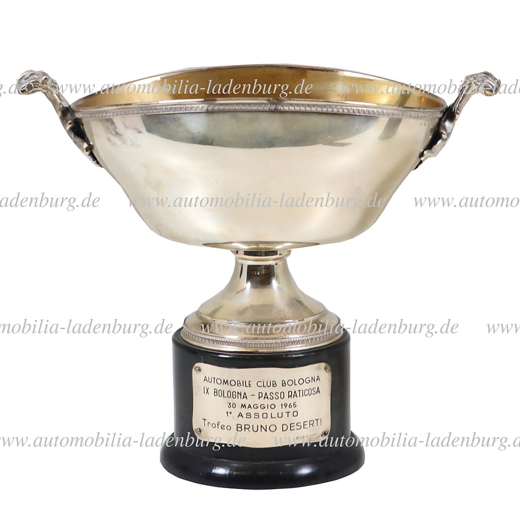 HANS HERRMANN 30.05.1965, winner's trophy (silver 800), "Automobile Club Bologna IX. Bologna - Passo: HANS HERRMANN 30.05.1965, winner's trophy (silver 800), "Automobile Club Bologna IX. Bologna - Passo Raticosa 30.Maggio.1965 1st Assoluto Trofeo Bruno Deserti", height 22,5cm, Hans Herrmann on Abarth 