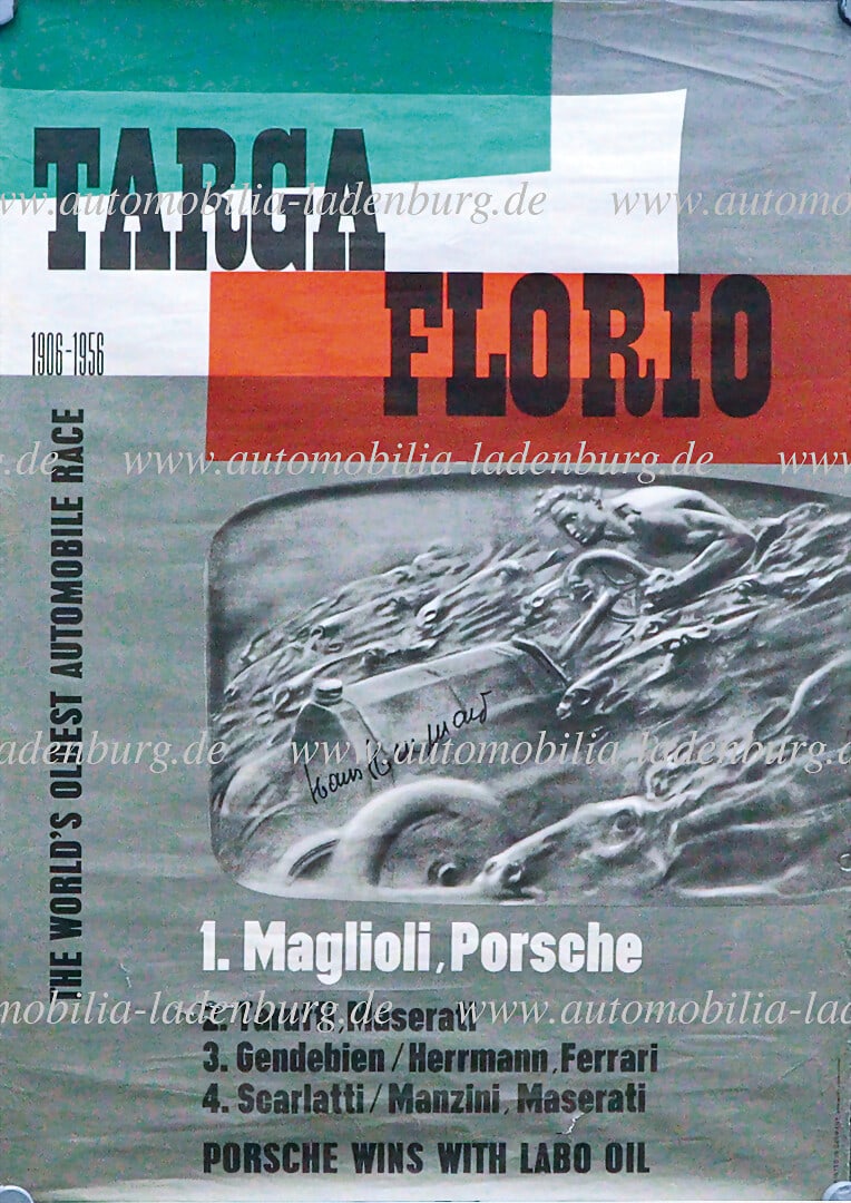HANS HERRMANN 10.06.1956, autographed racing poster "Targa Florio 1906-1956", design by advertising (1 of 1)