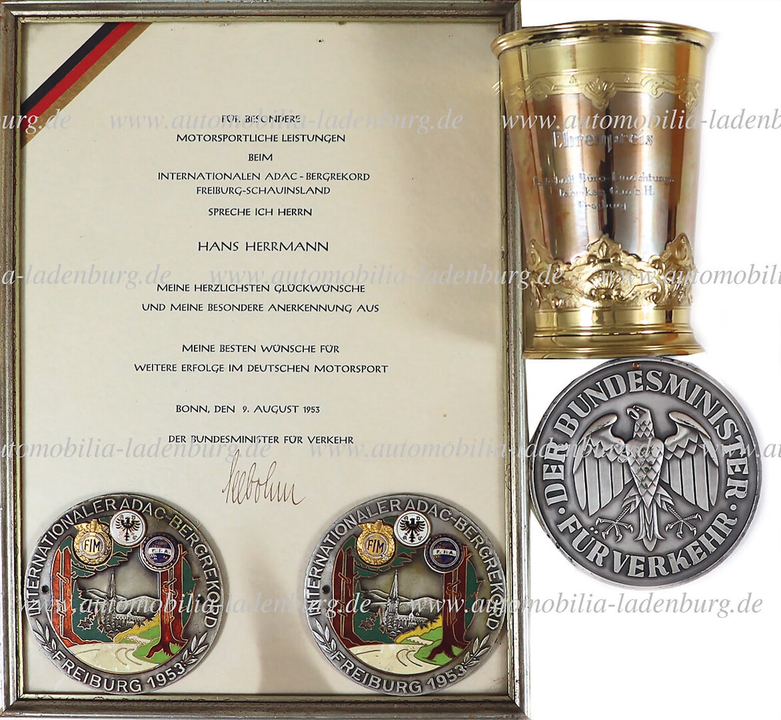 HANS HERRMANN 09.08.1953, mixed lot of 4 pieces, among them winner's trophy (silver 925), "Int. ADAC: HANS HERRMANN 09.08.1953, mixed lot of 4 pieces, among them winner's trophy (silver 925), "Int. ADAC Bergrekord Grosser Bergpreis Freiburg Schauinsland 1. Preis Sportwagen Klasse bis 1500ccm", height 