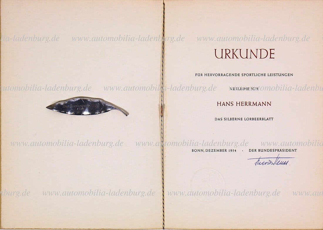 HANS HERRMANN 1954, silver laurel leaf (hallmarked silver 925) "Der BundesprÃ¤sident: HANS HERRMANN 1954, silver laurel leaf (hallmarked silver 925) "Der BundesprÃ¤sident 1954", highest sporting award of the Federal Republic of Germany, awarded by Theodor Heuss to Hans Herrma