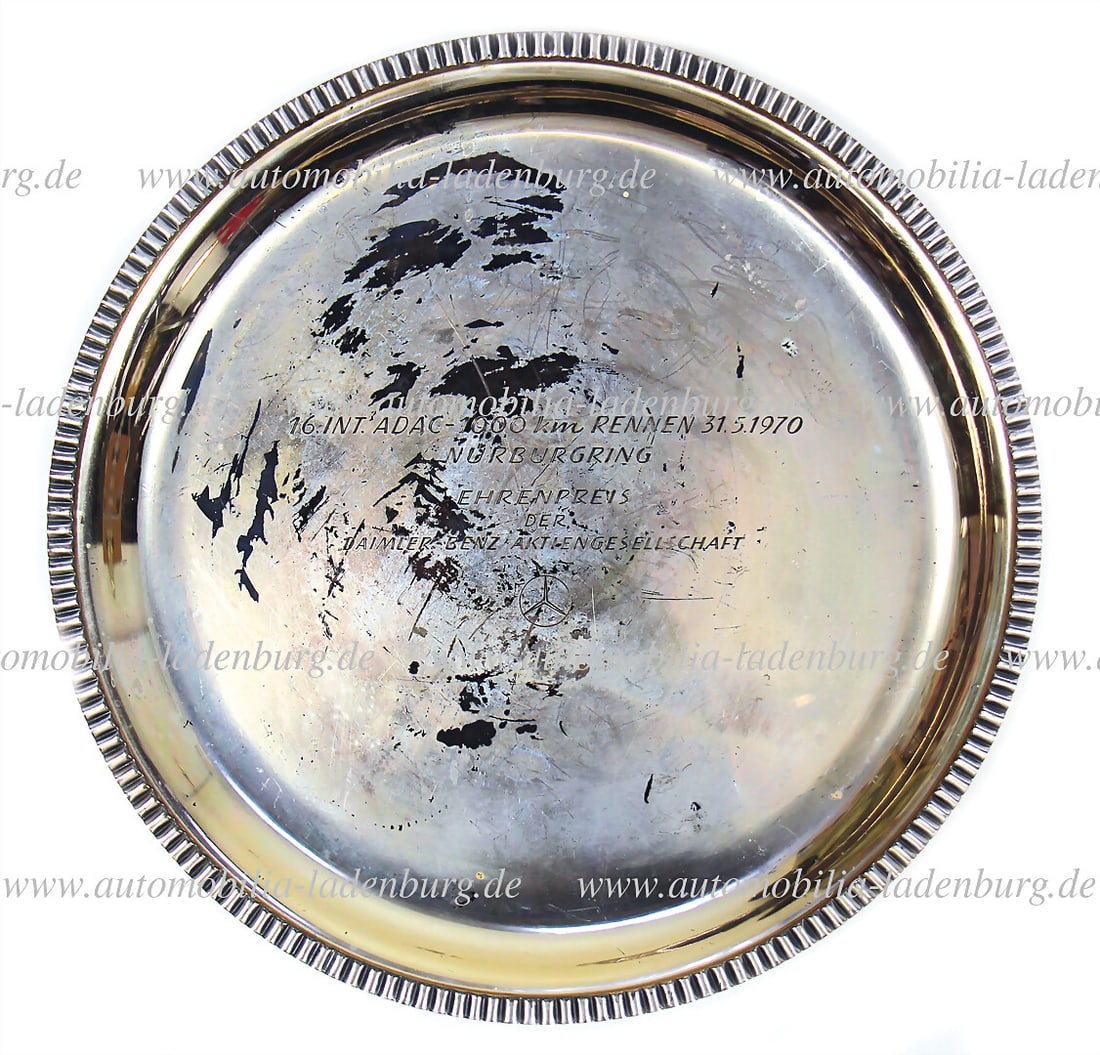 HANS HERRMANN Silver plate (silver 835), "16.Int. ADAC-1000KM Rennen 31.05.1970 NÃ¼: HANS HERRMANN Silver plate (silver 835), "16.Int. ADAC-1000KM Rennen 31.05.1970 NÃ¼rburgring - Ehrenpreis der Daimler-Benz Aktiengesellschaft", diameter 27cm, Hans Herrmann / Richard Attwood