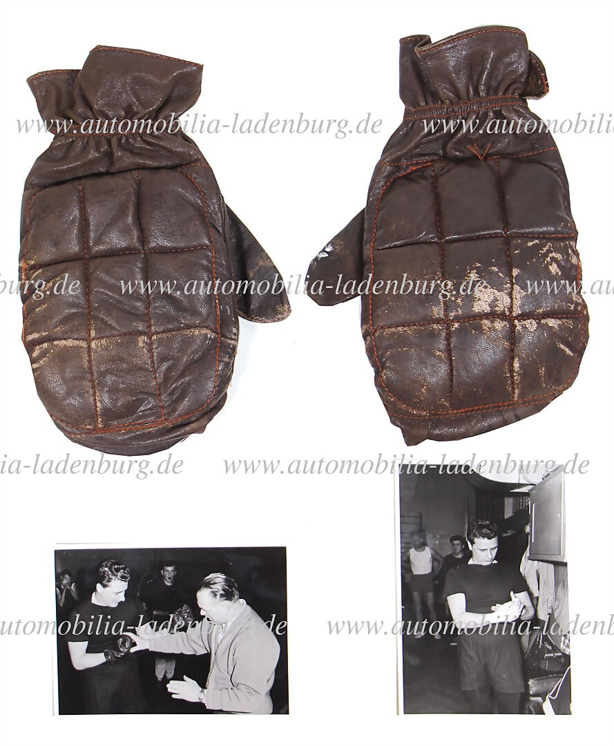 HANS HERRMANN Mixed lot of 3 pieces, including a pair of boxing gloves owned by Hans Herrmann, plus: HANS HERRMANN Mixed lot of 3 pieces, including a pair of boxing gloves owned by Hans Herrmann, plus 2 original b/w photos, Hans Herrmann giving boxing lessons, 10.5x14.5cm, stamped "HGW-Bild" German D