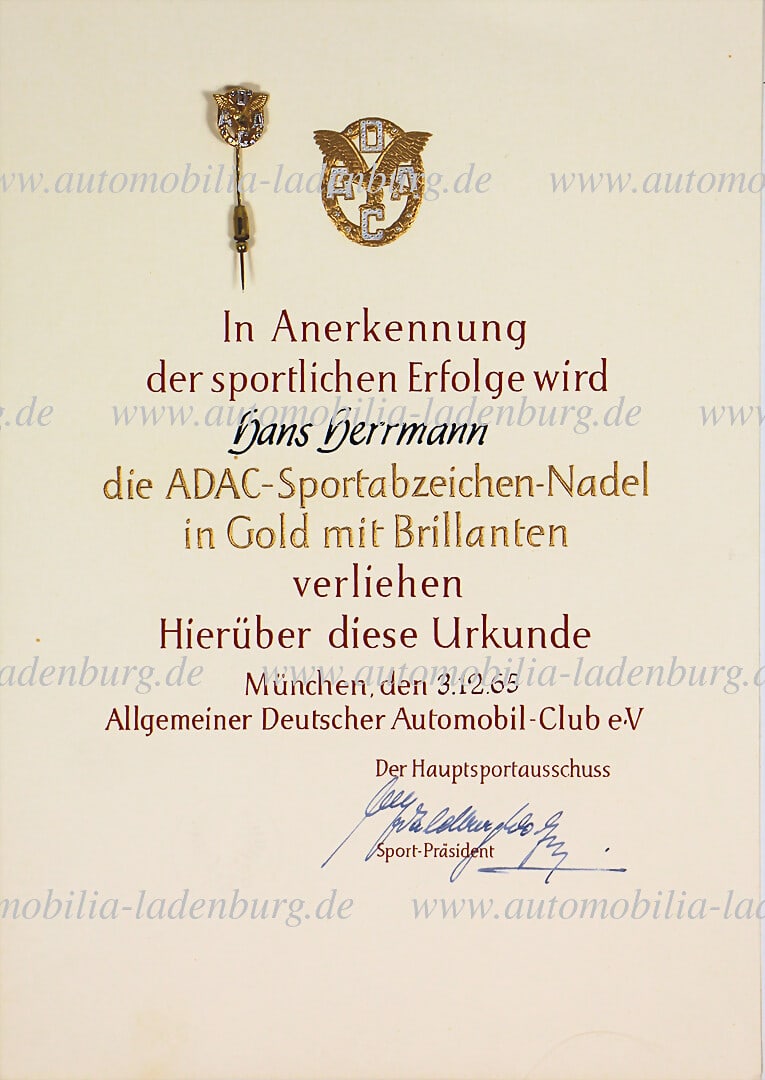 HANS HERRMANN ADAC certificate "In recognition of his sporting achievements, Hans Herrmann is: HANS HERRMANN ADAC certificate "In recognition of his sporting achievements, Hans Herrmann is awarded the ADAC sports badge pin in gold with diamonds", dated 03.12.1965, including gold sports badge pi