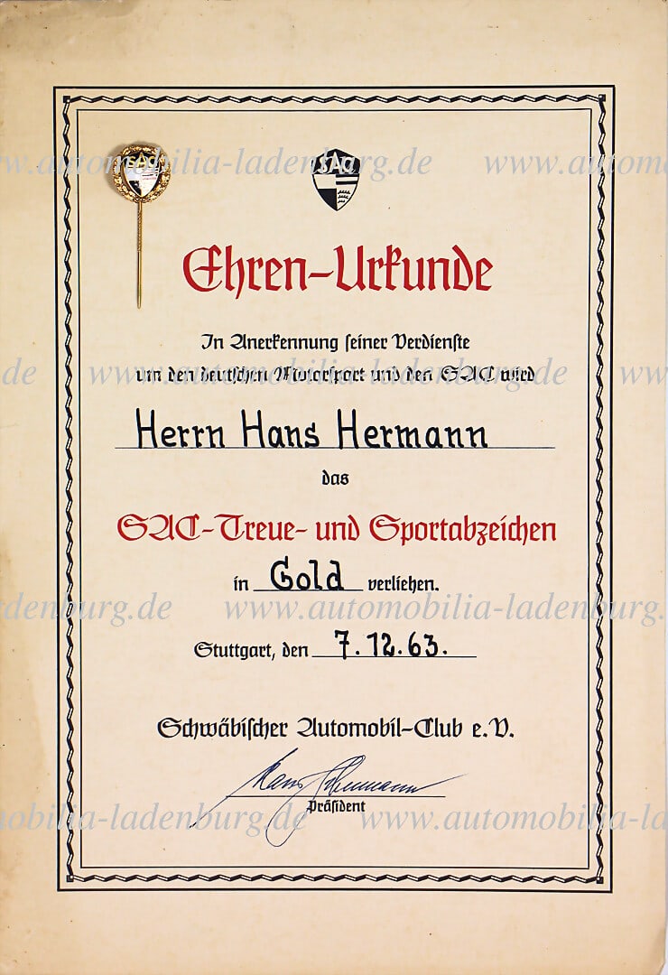 HAND HERRMANN Certificate of honor from the SAC (SchwÃ¤bischer Automobil Club e.V.), "In: HAND HERRMANN Certificate of honor from the SAC (SchwÃ¤bischer Automobil Club e.V.), "In recognition of his services to German motorsport and the SAC, Hans Herrmann is awarded the SAC loyalt