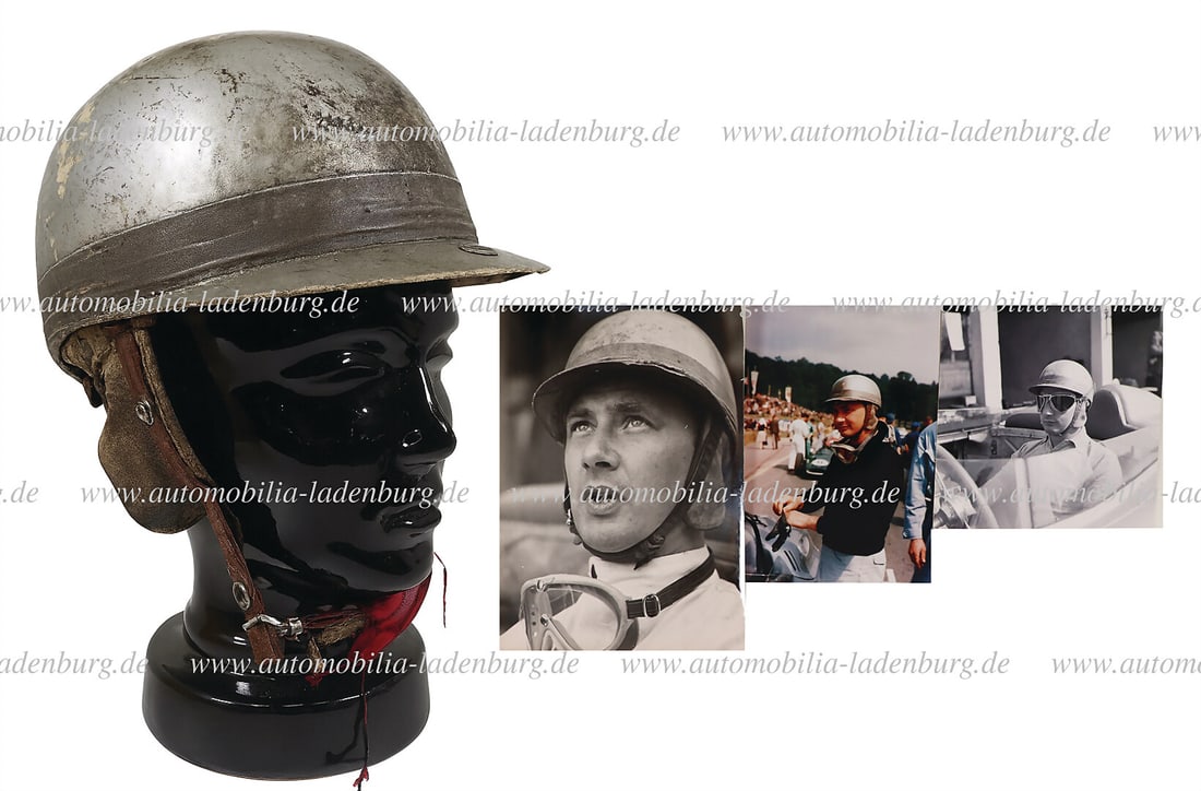 HANS HERRMANN Silver crash helmet by Hans Herrmann, it was the second helmet Hans Herrmann wore in: HANS HERRMANN Silver crash helmet by Hans Herrmann, it was the second helmet Hans Herrmann wore in the course of his racing career, among other things he wore this helmet in his accident on the Avus i