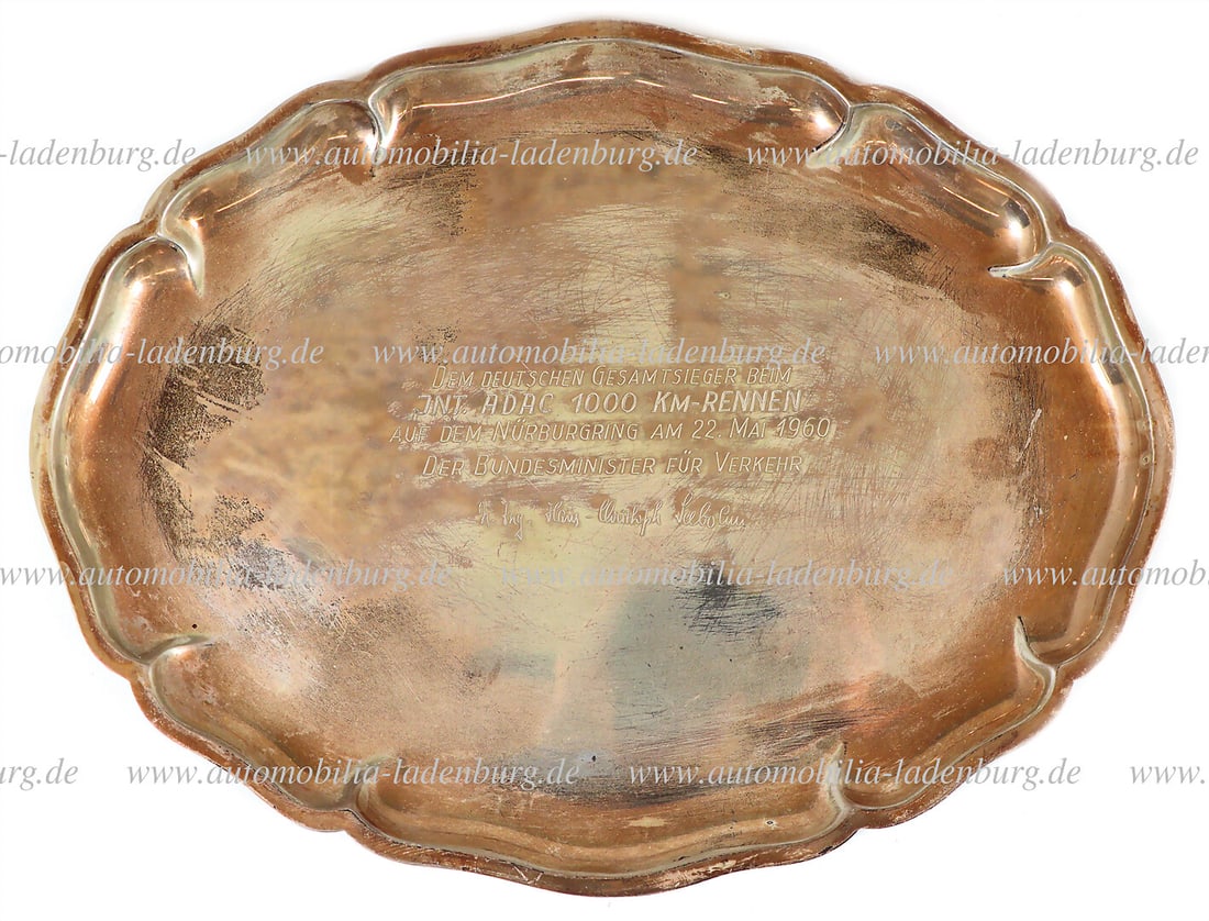 HANS HERRMANN 1960, silver bowl (silver hallmarked 835) with engraving "Dem deutschen Gesamtsieger: HANS HERRMANN 1960, silver bowl (silver hallmarked 835) with engraving "Dem deutschen Gesamtsieger beim Internationalen ADAC 1000 km Rennen auf dem NÃ¼rburgring am 22. Mai 1960 - der Bundesm