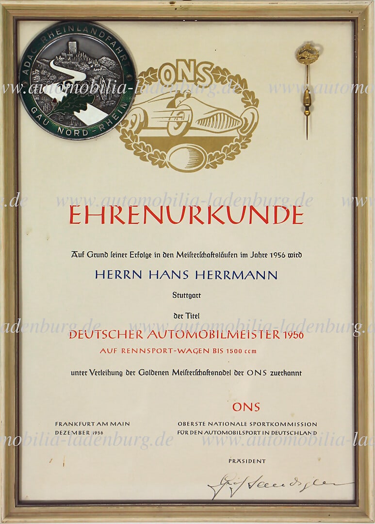 HANS HERRMANN ONS championship pin 1953/1954 "Deutscher Automobilmeister", with certificate of the (1 of 1)